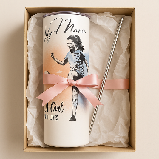 Personalised 20oz Skinny Football Tumbler – Just a Girl Who Loves Football – Custom Name Insulated Cup for Hot & Cold Drinks – Gift for Her