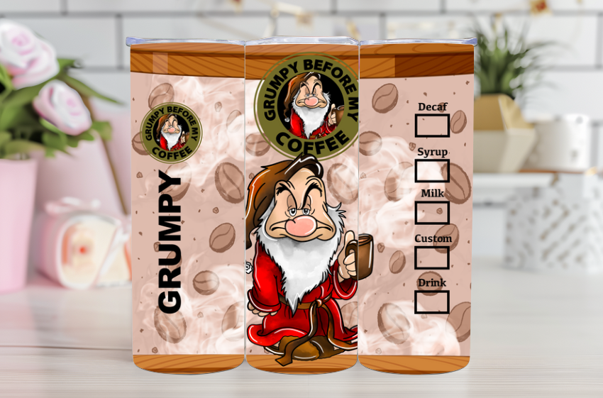 Grumpy Before My Coffee” Tumbler – 20oz Stainless Steel Starbucks-Inspired Cup Featuring Grumpy – Funny Disney Gift!