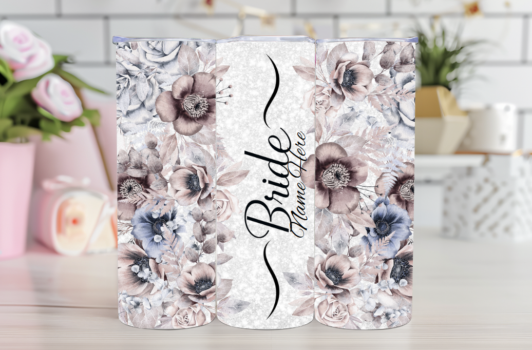 Floral Bride Tumbler – 20oz Stainless Steel Custom Cup with Name – Elegant Personalized Wedding Gift for the Bride