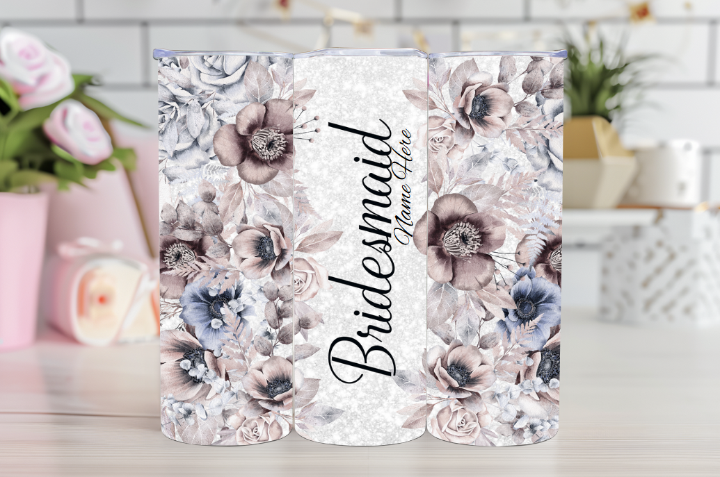 Floral Bridesmaid Tumbler – 20oz Stainless Steel Custom Cup with Name – Elegant Wedding Gift for Your Bridal Party
