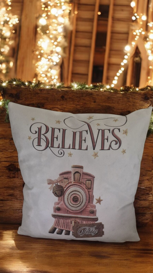 Believe & Express Train Cushion Cover – Pink Edition